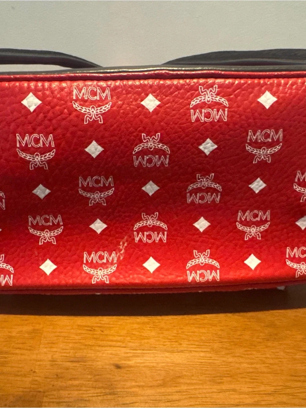 MCM Red Logo Monogram Backpack